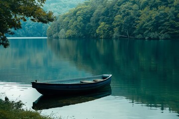 Obraz premium Serene lake scene with a solitary boat Encapsulating the beauty of nature and tranquility