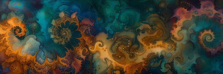 Fototapeta na wymiar Abstract Fractal Artwork in Warm and Cool Tones, Mystic Floral and Swirl Patterns, Digital Background for Creative Design
