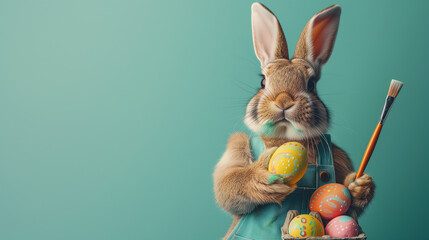 Cute Easter bunny in a painter's apron, holding a paintbrush, ready to apply its artistic touch to an Easter celebration. Happy Easter banner with adorable rabbit. Easter concept. Easter artistry.