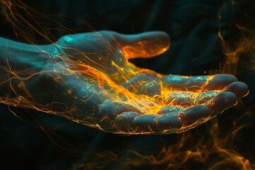 Hand Radiating Dynamic Energy Patterns. An outstretched hand is enveloped in vibrant energy patterns, suggesting a powerful flow of healing or psychic energy in a dark background photography::10 , 8k, - obrazy, fototapety, plakaty