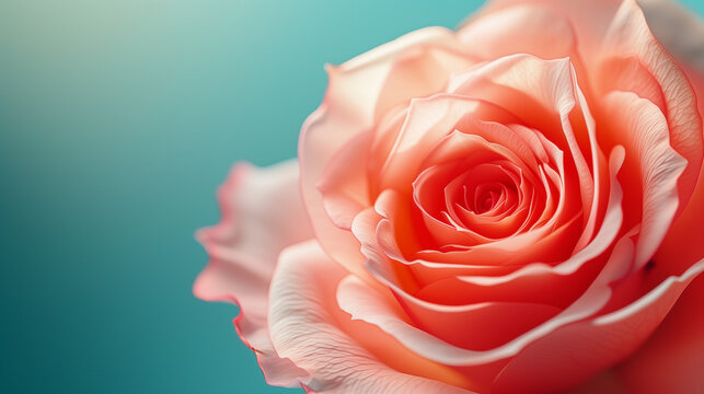Close-up view of an exquisite coral rose against a soft turquoise background, bathed in a warm, ethereal glow. A serenade of pink rose. Banner template, poster design, copy space.	