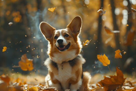 Happy Corgi dog on Autumn nature background, wide web banner. Autumn activities for dogs. Fall Care Advice For Dogs. Preparing dog for walks in autumn and fireworks photography::10 , 8k, 8k render::3 