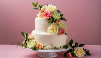 Obraz na płótnie Canvas Two-tiered white wedding cake decorated with color cream flowers on a pink background.