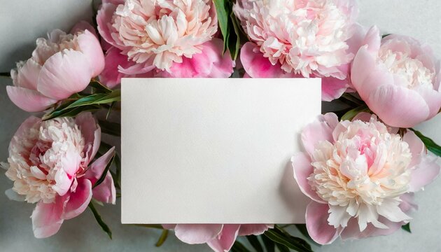 Mockup card on the background of pink peonies, can be used as a greeting card or as an invitation to a wedding or other