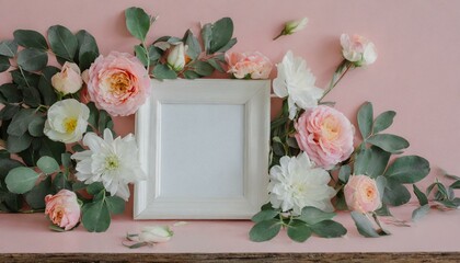 Frame mock up with flowers on the pink background 