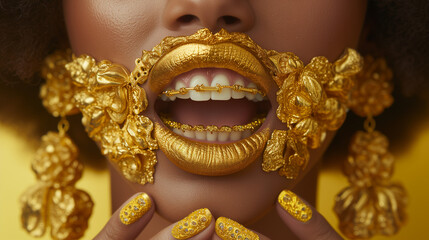 Opulence Unveiled: Luxurious Gold-Plated Mouthpiece, Jewelry, and Nail Art Exemplifying Excess and Glamour - obrazy, fototapety, plakaty