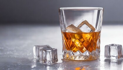 Crystal old fashioned glass with whiskey and ice cubes on white.