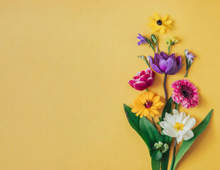 Colorful Wildflowers, Flat Lay on Yellow Background