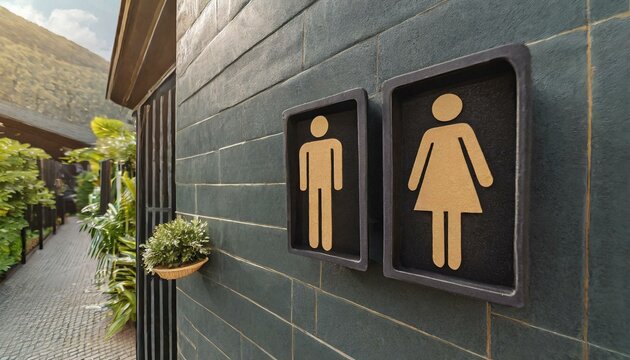 Icon toilet. Restroom sign. Male and female bathroom sign. Black symbols of man and women in flat style stuck to the wall.