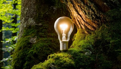 Saving energy and environment. Tree growth in light bulb for saving Ecology energy nature. Eco and Technology concept, copy space for banner 
