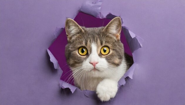 Cute cat looking through hole in purple paper 