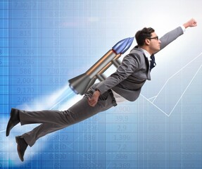 Businessman flying with rocket in funny business concept