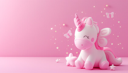 Obraz na płótnie Canvas Cute unicorn, pink background, with butterfly and stars