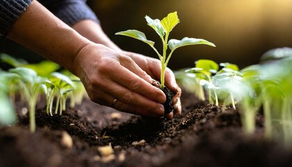 Farmer hands planting seedlings in vegetable garden. Gardening in spring. Homemade products in organic farming. Sustainable and environment protection concept.