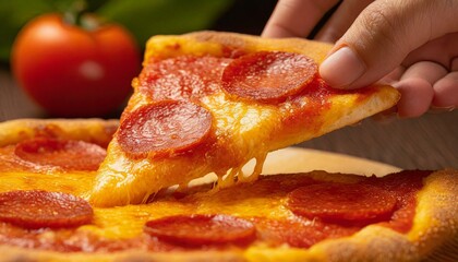 Hand picking slice of pepperoni pizza. 