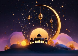 Ramadan kareem with golden luxurious crescent moon, lantern or fanoos, Islamic Background.