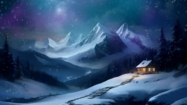 snow mountain with aurora sky. seamless looping animated videos