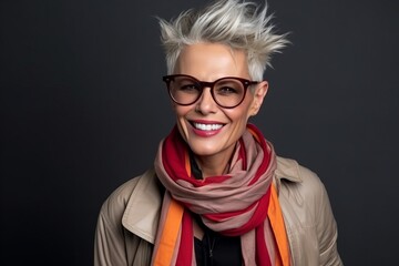 Portrait of a beautiful middle aged woman wearing glasses and a scarf - obrazy, fototapety, plakaty