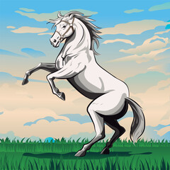 Vector illustration of a white horse running in the field against the sky. horse on two legs.