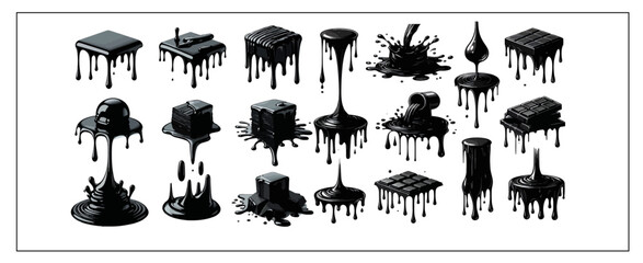 Dripping black paint, melting chocolate or dripping black oil. Flat vector illustration of splash ink flows	
