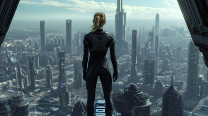 Standing atop a tall building, a blonde woman in a black bodysuit gazes out at the futuristic skyline ahead
