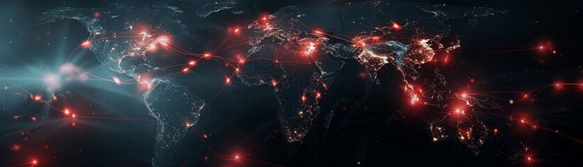 Global Cyber Attack Storm, a dark world map with red lightning bolts striking critical infrastructure, generative AI - obrazy, fototapety, plakaty