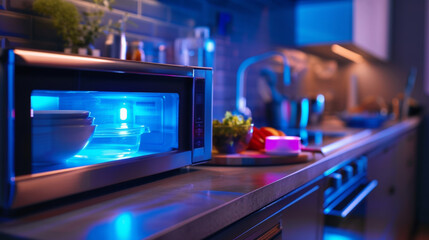 Closeup of the microwaves interior light glowing brightly as the appliance is in use.