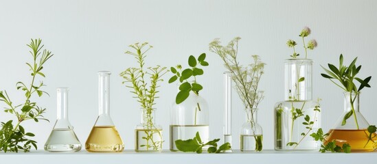 Laboratory glassware with plants on a white backdrop.