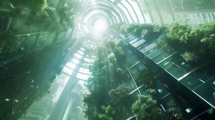 Vertical metropolis within a biodome, Towering skyscrapers covered in lush greenery pierce the glass dome that encloses the entire city, generative AI