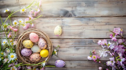 Obraz na płótnie Canvas Easter Background Wallpaper, Basket of Easter Eggs, top down view against a timber background, whitewashed wood, colourful eggs, sweet, festive, pastel colors, vintage flowers, wildflowers, nature