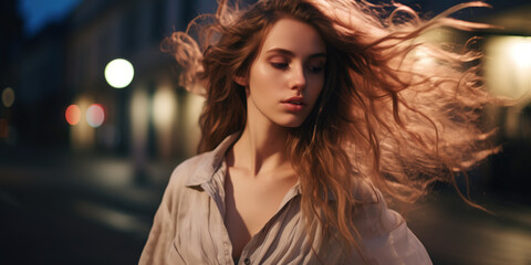 Naklejka premium Stylish Young Woman with Windswept Hair Walking in Urban Street at Twilight. Fashion and Lifestyle Concept