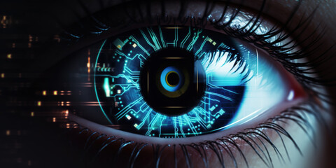 A close-up of a human eye with a futuristic cybernetic implant, glowing with digital overlays and neon lights, evoking a sense of advanced technology and surveillance