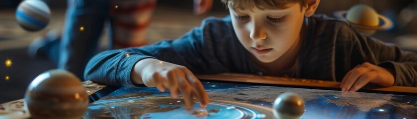 Augmented learning at home, children learning about the solar system by pointing their tablet at a printed image of the planets, generative AI