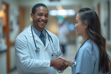 Smiling male doctor greeting a female colleague with a handshake in a clinic hallway.
