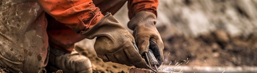 Craftsmanship with Care, a close-up of a construction worker's hands carefully welding tools, generative AI