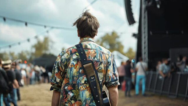Young man with guitar on the background of the concert stage. Music festival