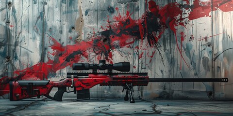 Skin of a modern rifle on a weapon box, decorated with grey and black camouflage, covered with a camouflage net, sniper optics, free space around the object, full sharpness - obrazy, fototapety, plakaty
