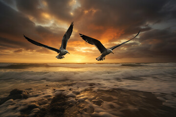 Sea at sunset with two flying seagulls. Summer vacation concept.