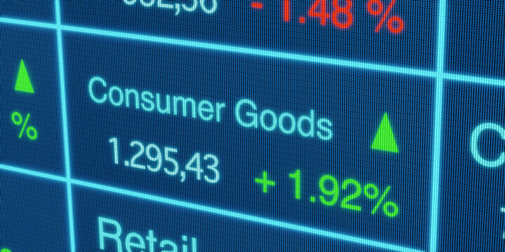 Consumer Goods sector stock index. Stock market data, consumer goods stocks price information and percentage changes, blue screen. Stock exchange, business, trading board. 3D illustration