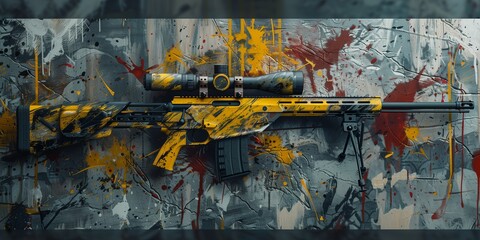 Skin of a modern rifle on a concrete background, decorated with yellow and black camouflage, covered with a camouflage net, sniper optics, free space around the object, full sharpness