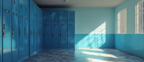 a room with blue lockers