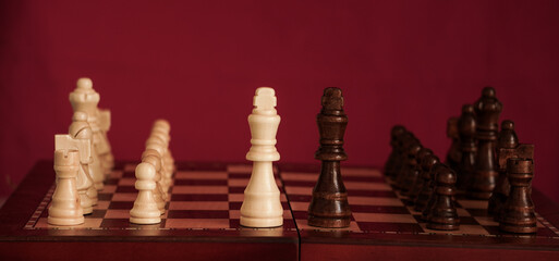 chess pieces on a wooden board two king facing each other