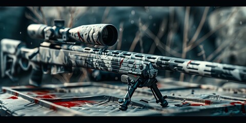 Skin of a modern rifle on a weapon box, decorated with grey and black camouflage, covered with a camouflage net, sniper optics, free space around the object, full sharpness - obrazy, fototapety, plakaty
