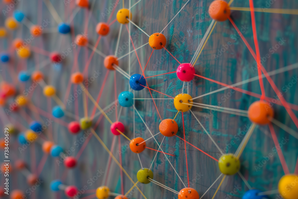 Poster a large grid of pins connected with string. communication, technology, network concept