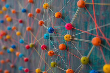 A large grid of pins connected with string. Communication, technology, network concept