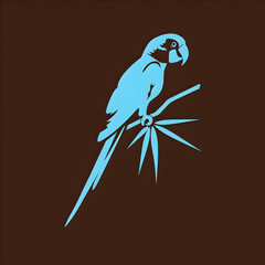 A logo illustration of a blue parrot perched on a branch on brown background. Created with generative AI.