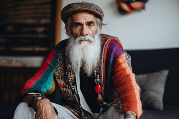 Portrait of an old man with a long white beard and mustache in a multi-colored poncho sitting on a couch at home