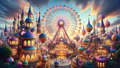 Enchanting Twilight at a Fantastical Amusement Park with Illuminated Rides