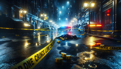 Crime Scene Investigation at Night with Police Tape and Rain-slicked Streets - obrazy, fototapety, plakaty