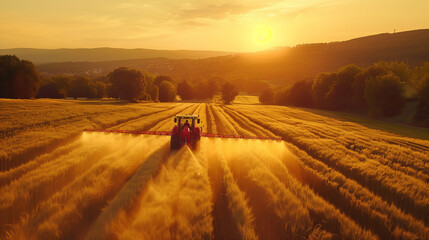 Early morning farming activity captured as a tractor sprays pesticides over a lush crop field with...